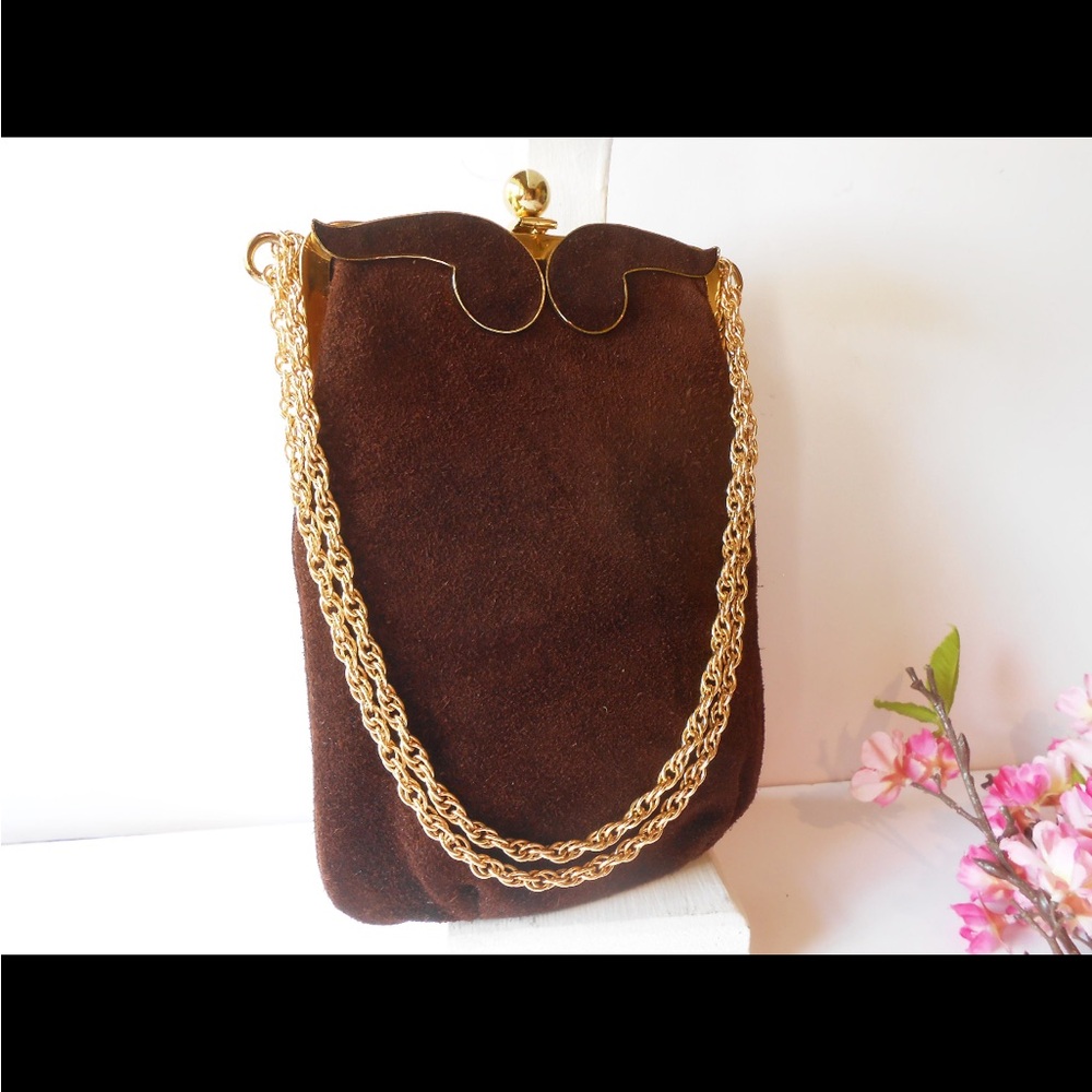 Vintage 60s Brown Suede Handbag, Glamorous Brown Suede Purse, Classic Purse - Picture 2 of 5
